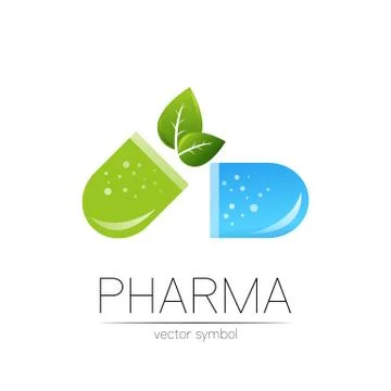 Pharmacy vector symbol with green leaf for pharmacist, pharma store, doctor and Stock Illustration