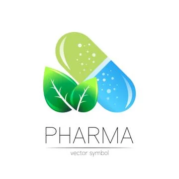 Pharmacy vector symbol with green leaf for pharmacist, pharma store, doctor and Stock Illustration