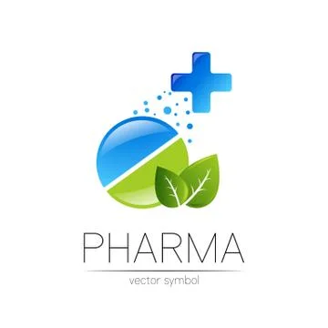 Pharmacy vector symbol with green leaf and cross for pharmacist, pharma store Stock Illustration