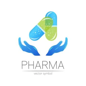 Pharmacy vector symbol with hands for pharmacist, pharma store, doctor and Illustrazione stock