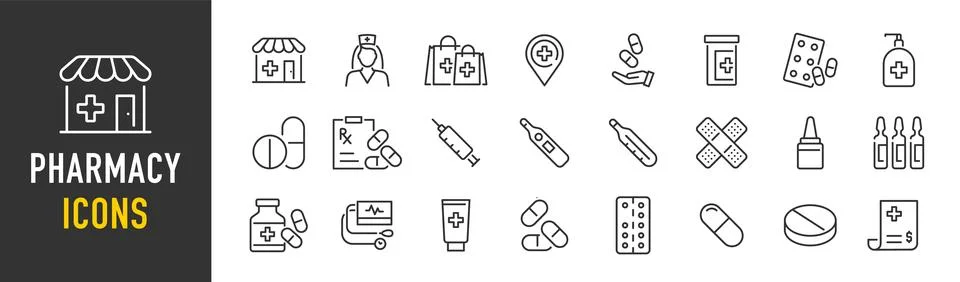 Pharmacy web icon set in line style. Medical preparations, equipment, drug,.. Stock Illustration
