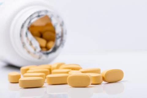 Pharmacy on white background with bottom in back. Medicine and healthy concep Stock Photos