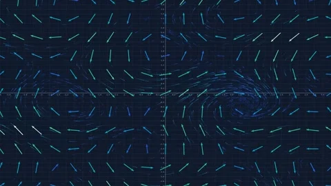 Phase portrait math visualization on blue grid with glowing vector streamlines Video stock 346812147