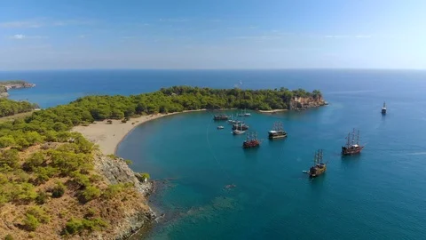 Phaselis Cove with Boats Stock Footage 96130641