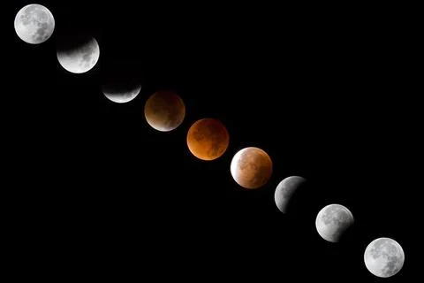 Phases of the lunar eclipse with Blood Moon and Super moon lunar eclipse on Fotos Stock