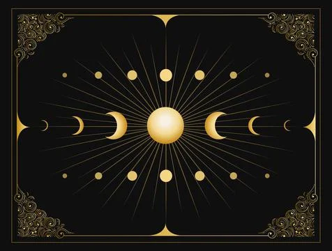Phases of Moon Medieval Esoteric Emblem on Black Background Stock Illustration