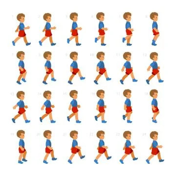 Phases of Step Movements Boy in Walking Sequence for Game Animation Stock Illustration