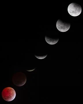 Phases of a total lunar eclipse captured in a night sky sequence. Blood moon Fotos Stock