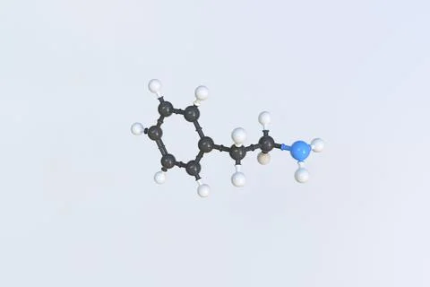 Phenethylamine molecule made with balls, isolated molecular model. 3D rendering Stock Illustration