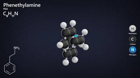 Phenethylamine. Monoamine alkaloid. 3D model. Dark background. 3D rendering Video stock 290090660