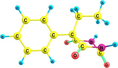 Phenobarbital molecular structure isolated on white Illustrazione stock