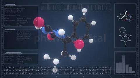 Phenobarbital molecule with description on the computer screen, 3d rendering Illustrazione stock