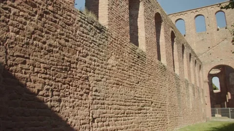 Phenomenal Shot of Old Stone Wall with Windows Ruin on Sunny Day Stock Footage 166144713