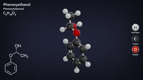 Phenoxyethanol. 3D model of a molecule. C8H10O2. Dark background. 3D render Stock Footage 293049150