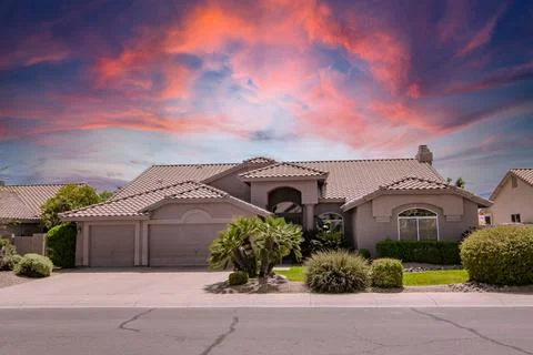 Pheonix Arizona Home in Pink and Purple Sunset Stock Photos