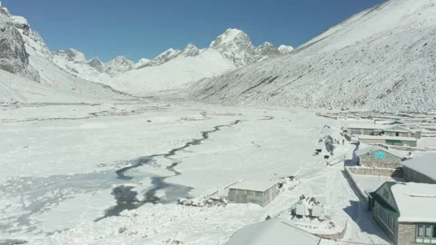 Pheriche in Everest Base Camp trek aerial in winter Video stock 150497551