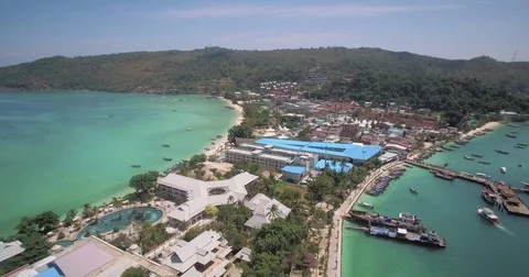 Phi Phi Don And Low Lying Sandy Isthmus, Ascending Aerial Shot Stock Footage 73819816