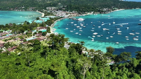 Phi Phi Don Bays and Tropical Shoreline with Boats Stock Footage 341493377