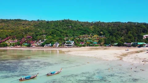 Phi Phi Don Beach and vegetation on a sunny day, Thailand from drone Video stock 329394109