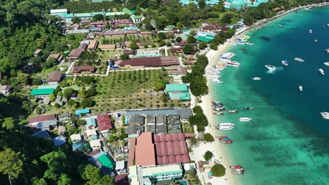 Phi Phi Don Beach and Harbor with Turquoise Sea Stock Footage 341494626