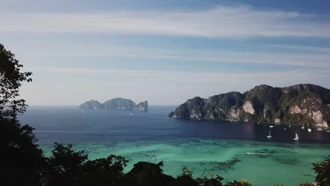 Phi Phi don island, shooting from a drone. Turquoise clear water. Yachts, boats. Stock Footage 200837113