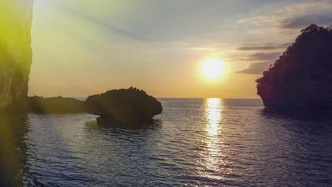 Phi Phi Don, Thailand. Aerial view of famous Nui Beach at sunset Stock Photos