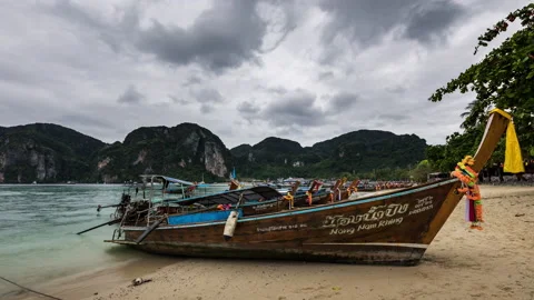 Phi Phi Island Longtail Boats and Clouds TImelapse Stock Footage 236432964