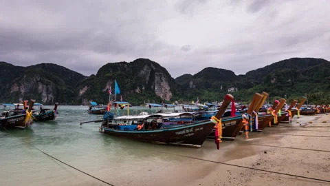 Phi Phi Island Longtail Boats closeup Timelapse Video stock 236435291