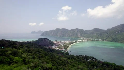 Phi Phi island mountains aerial and coral reef on a hazy sunny spring day Stock Footage 251999037
