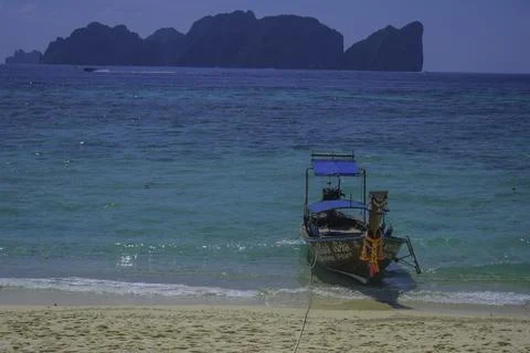 Phi phi island seascape with long tail boat in Krabi Thailand Stock Photos