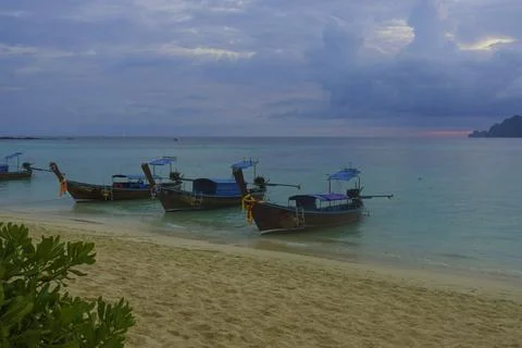 Phi phi island seascape with long tail boat in Krabi Thailand Stock Photos