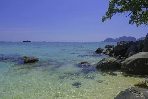 Phi phi island seascape with long tail boat in Krabi Thailand Stock Photos