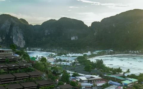 Phi Phi island, Thailand- April 3 2019: panoramic island beaches view Stock Photos