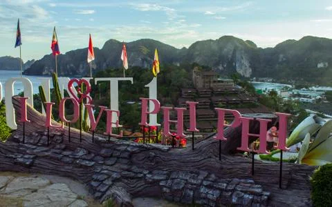 Phi Phi island, Thailand- April 3 2019: view point decorative sign, I love th Stock Photos