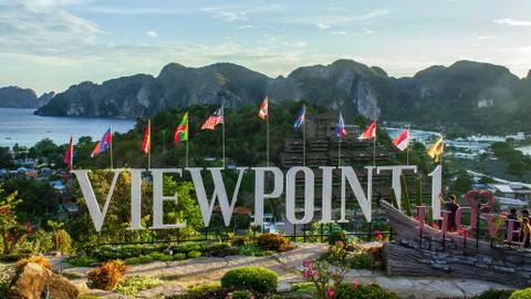 Phi Phi island, Thailand- April 3 2019: view point sign and flags Stock Photos