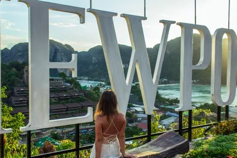 Phi Phi island, Thailand- April 3 2019: girl enjoy view point, person back Stock Photos