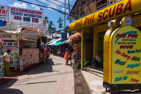 Phi Phi Island, Town centre, Thailand, March 2013 Scuba centre and tourist Stock Photos