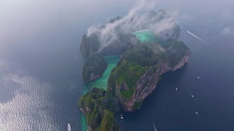 Phi Phi Lee island from above with famous Maya Bay and Phi Leh Stock Footage 303358005