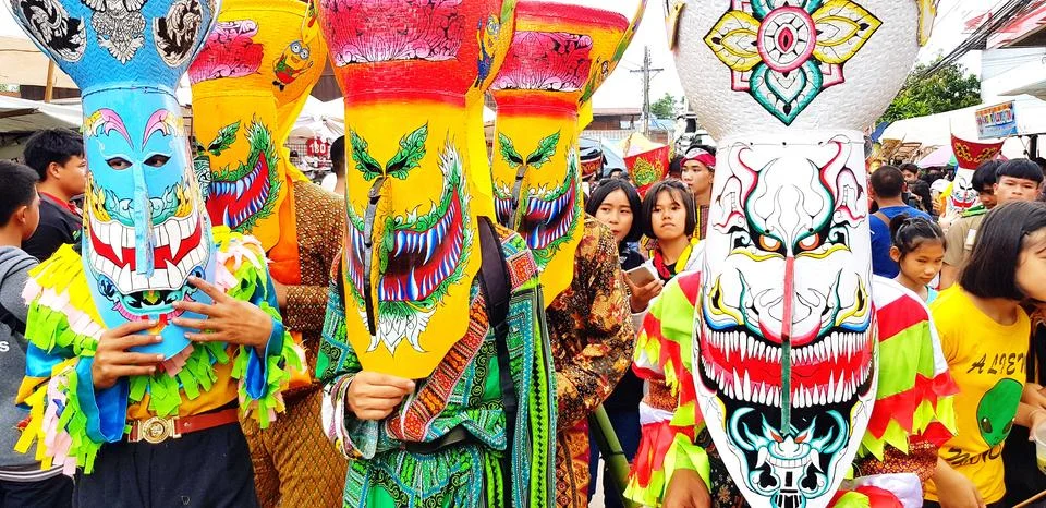 Phi Ta Khon or Ghost festival or celebrated culture 库存照片