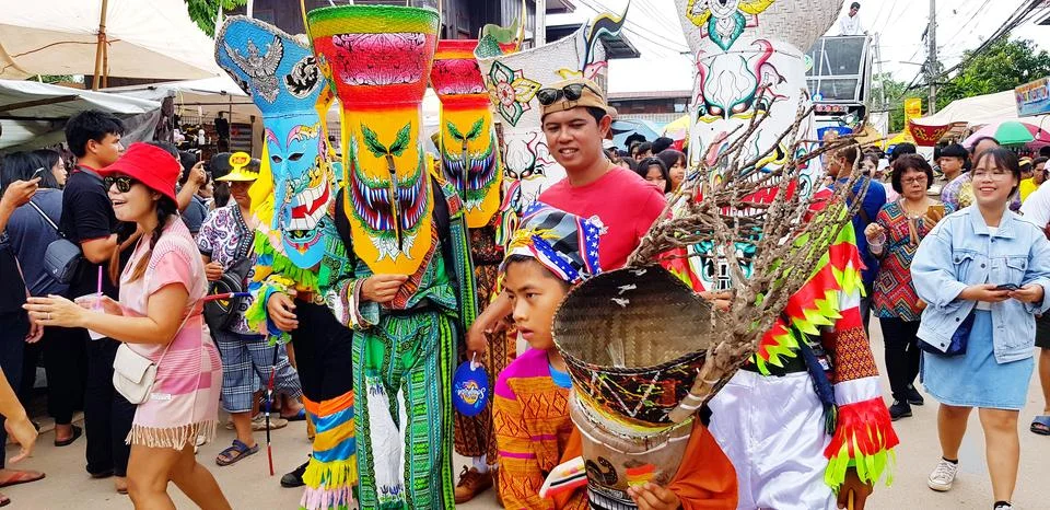 Phi Ta Khon or Ghost festival or celebrated culture in Thailand Stock Photos