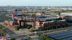 Aerial view of Philadelphia, Pennsylvania, with a focus on two of the city  professional sports venues: Citizens Bank Park, home of the baseball  Philadelphia Phillies (foreground); and the football Philadelphia Eagles'  Lincoln