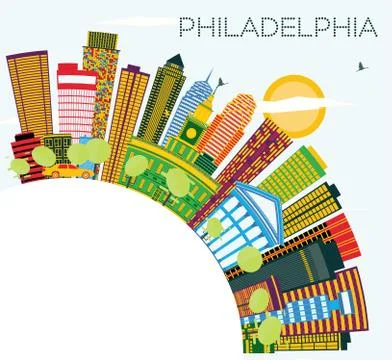 Philadelphia Skyline with Color Buildings, Blue Sky and Copy Space. Stock Illustration