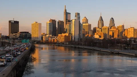 Philadelphia Skyline Sunset Timelapse Stock Footage