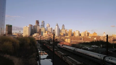 Philadelphia skyline with train Stock Footage 74227863