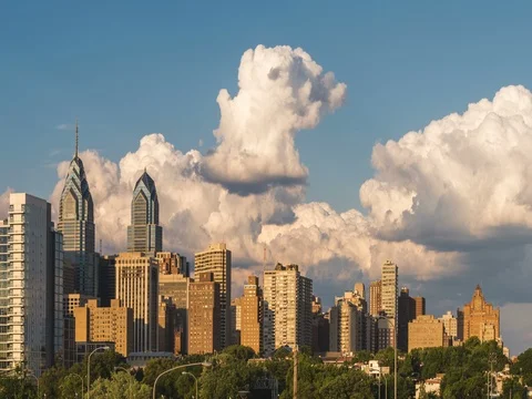 Philadelphia sunset time lapse with dramatic clouds Stock Footage 77065281