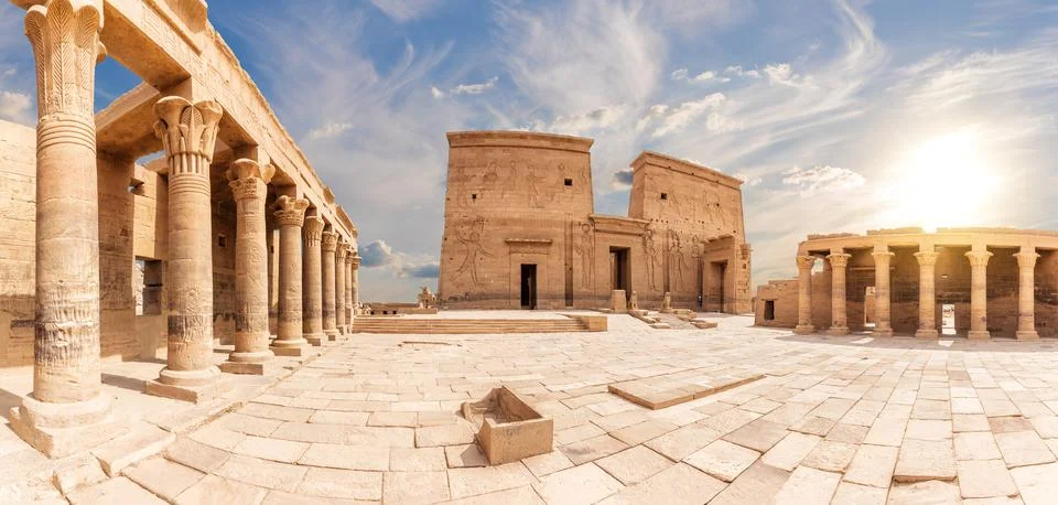 Philae Temple complex inner yard full view, Agilika island, Aswan, Egypt Stock Photos