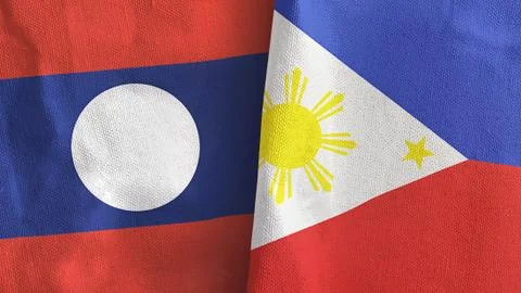 Philippines and Laos two flags textile cloth 3D rendering Illustrazione stock
