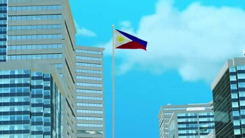 Philippines Flag 3D Render Animation with Urban Architecture and Clear Blue  Video stock 332944842