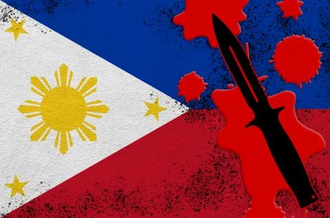 Philippines flag and black tactical knife in red blood. Concept for terror at Stock Illustration