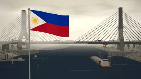 Philippines Flag Flying Over Cable Stayed Bridge River seamless loop Stock Footage 345373209